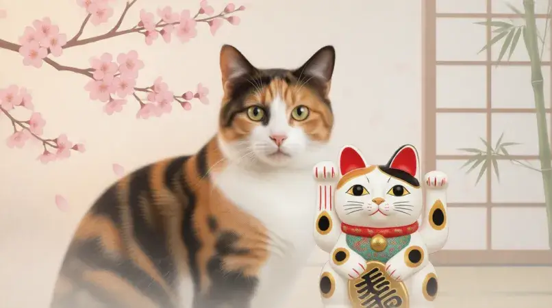 Calico cat with Japanese maneki neko lucky cat statue cherry blossoms background