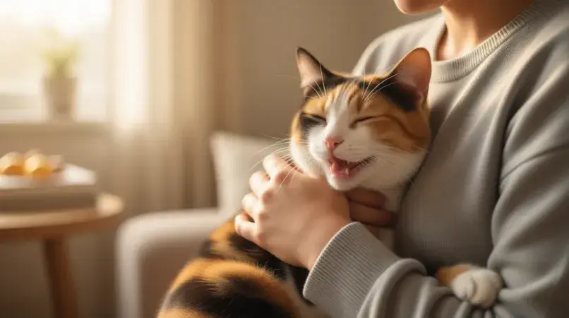 Happy calico cat owner holding beautiful tri colored cat showing bond and perfect naming