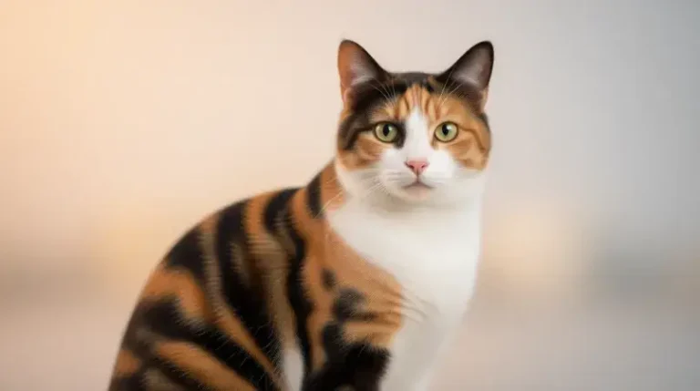 Beautiful calico cat with orange black white patches sitting on colorful background