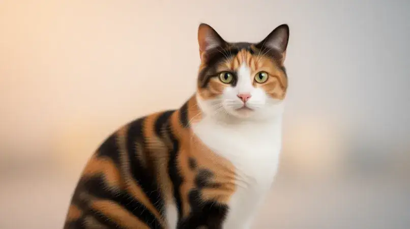 Beautiful calico cat with orange black white patches sitting on colorful background